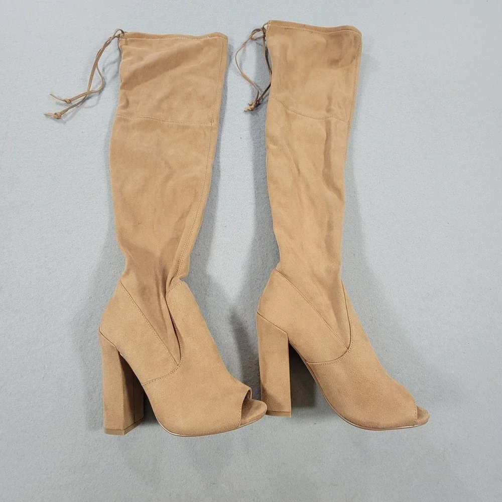 Steve Madden Elliana Thigh High Boots Tan Suede Open Toe Block Heel Women's 6.5M